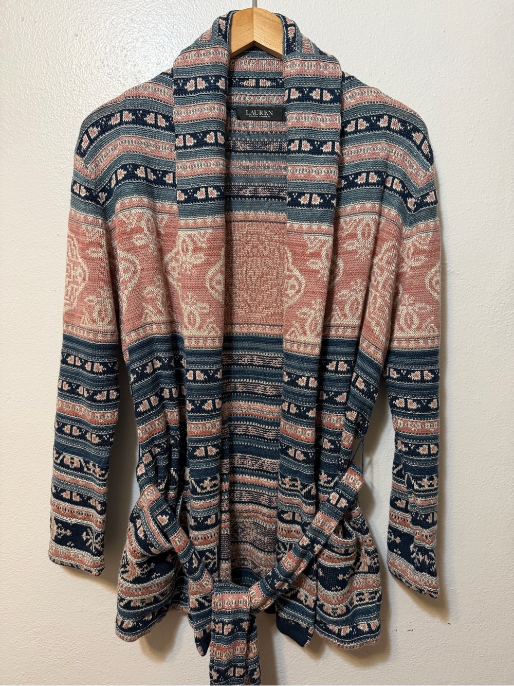 Lauren Ralph Lauren Geometric Belted Open Front Shawl Cardigan Pink Blue M